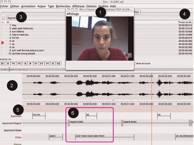 Webcam Impact on Online L2 Interaction 345 Figure 3: Screen capture of ELAN them to annotate the recordings on multiple parallel tiers, with a new tier for each feature (5) and the ability to
