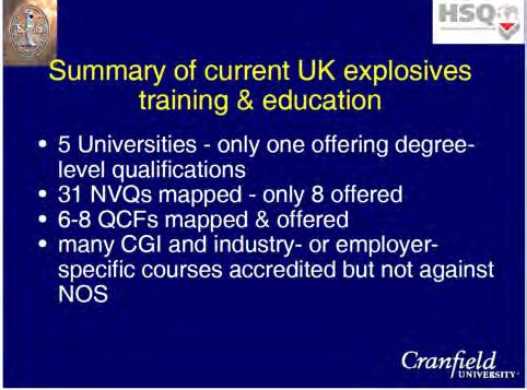The UK has few degree-level explosives-related qualifications and the National Vocational Qualifications system is being overhauled and replaced by Qualification Credit Framework (QCF) because the