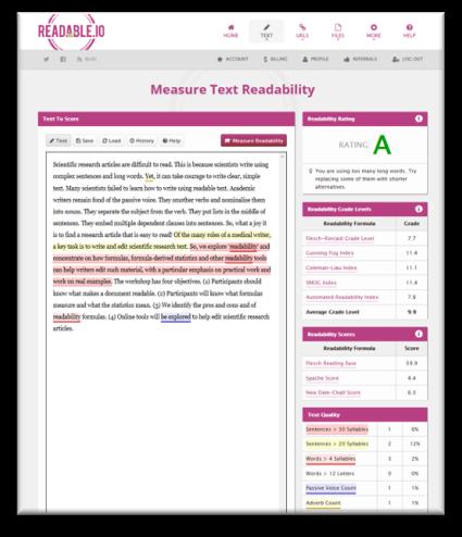 Online readability tools: scope Provide readability statistics: Calculate scores from a range of formulas