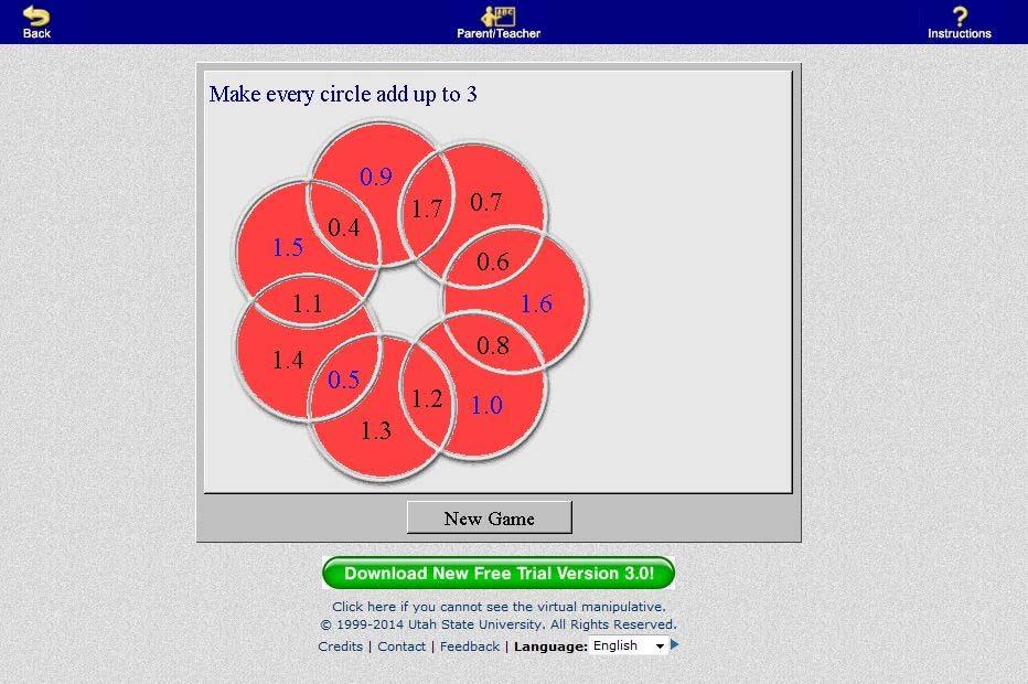 Note in the sample above that each of the seven circles contains numbers that add up to 3. Note that successful completion of the puzzle changes the color to red.