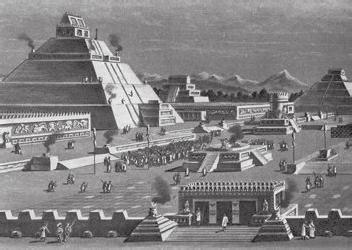Ancillary Material Image 1: An Aztec City Picture Description: Image 1 is a picture of an Aztec city. There is a large triangular building. The bottom of this building is a square.