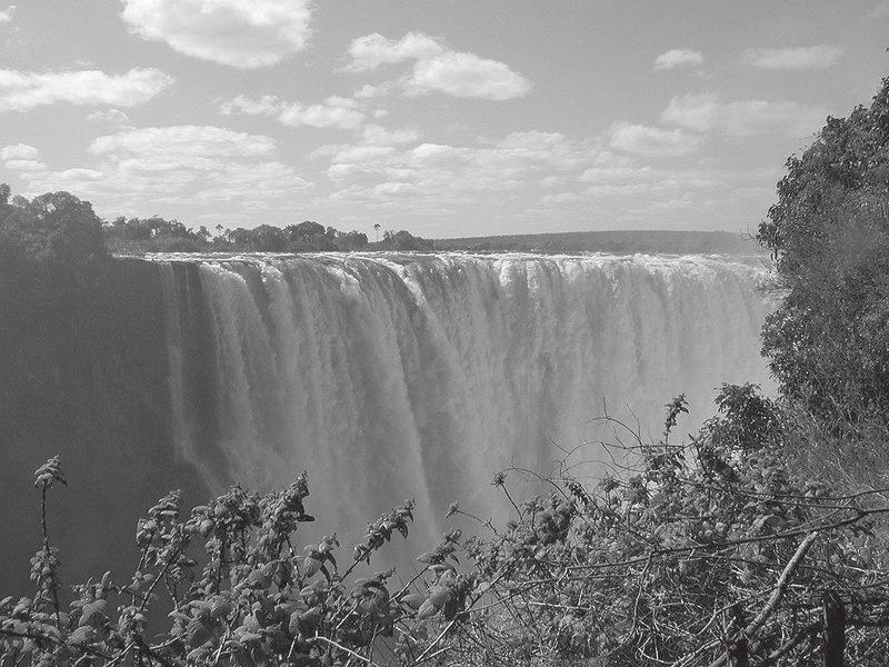 Ancillary Material Image 9 Victoria Falls Picture Description: This is a picture of Victoria Falls in Africa. In the foreground of the picture there are some tree branches with green leaves on them.