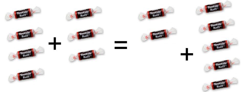 Follow up: Austin ate 2 of his Tootsie Rolls. How many should Brendon eat to keep them equal? Draw a picture like the one above to match the change and write a new equation. (e.g. 2 + 3 = 0 + 5 or 3 + 2 = 1 + 4) 1.