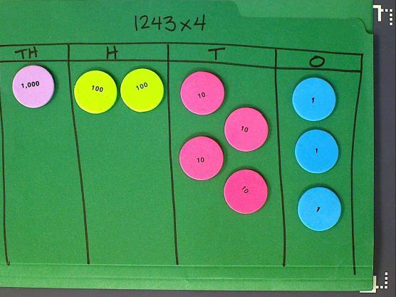 Students put the model for the first factor on the place value mat. Students place the first factor on the mat four times.
