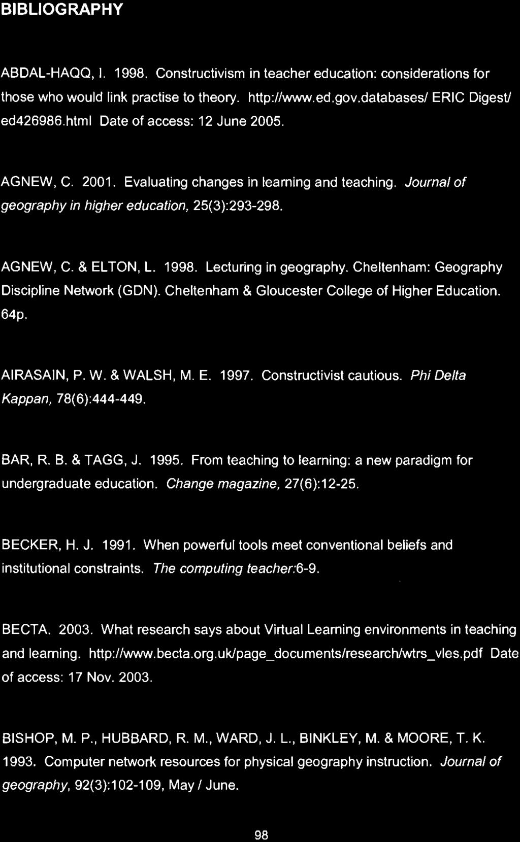 BIBLIOGRAPHY ASOAL-HAQQ, 1. 1998. Constructivism in teacher education: considerations for those who would link practise to theory. http://www.ed.gov.databased ERIC DigesV ed426986.