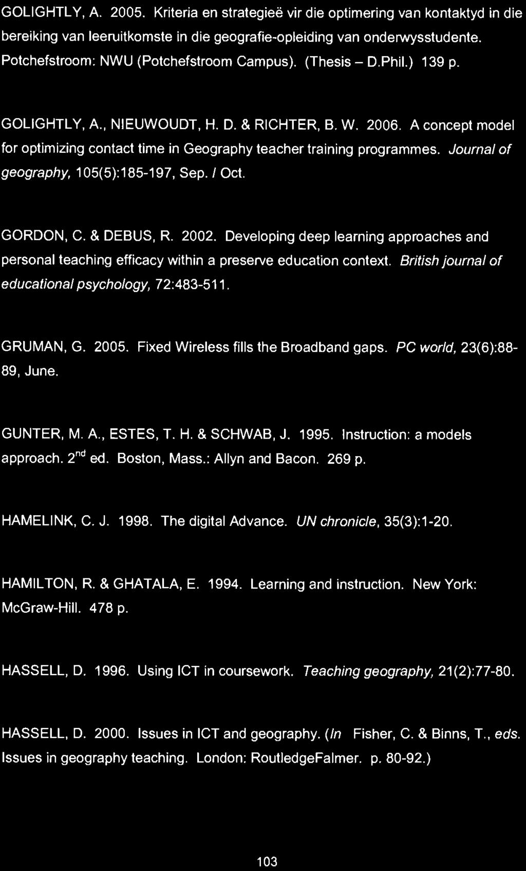 GOLIGHTLY, A. 2005. Kriterla en strategiee vir die optimering van kontaktyd in die berelking van leeruitkomste in die geografie-opleiding van onderwysstudente.