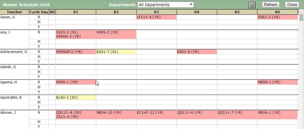Master Schedule Manager Added Master Schedule Grid link that will display the grid master schedule by teacher and provide drill-down into any section for additional information.