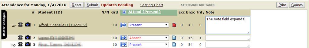 Attendance New Features & Functionality Class Attendance The note field now expands when used.