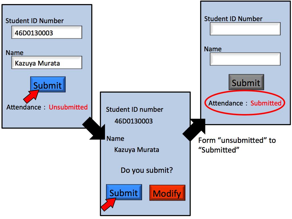transmission of the attendance only once. Therefore, this application displays a page to confirm information when a student transmits attendance information.