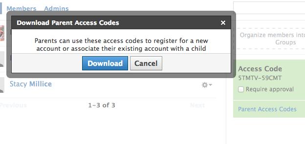 2. In the same green box (on the right side of the page) where you can find the regular access code, click on the Parent Access Codes link. A Download Parent Access Codes dialogue box will pop up. 3.