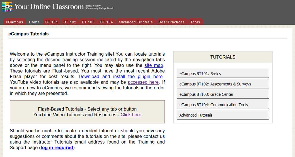 3. You are now at the ecampus Instructor Tutorials site. You can locate tutorials by selecting the desired Tutorial using the drop down menus or by using the Site Map.