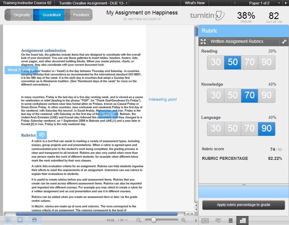 GradeMark Using the Turnitin GradeMark function allows you to add text, voice and template comments to papers and mark using a rubric.