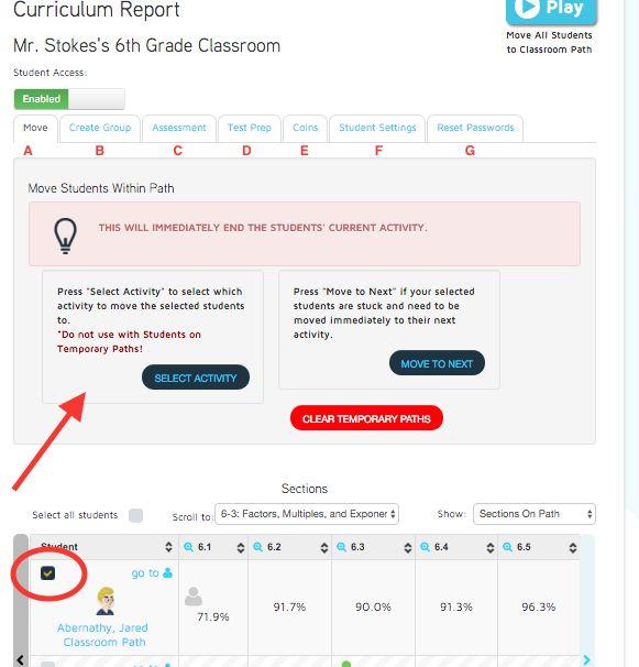 Additional Options on Dashboard When selecting a student
