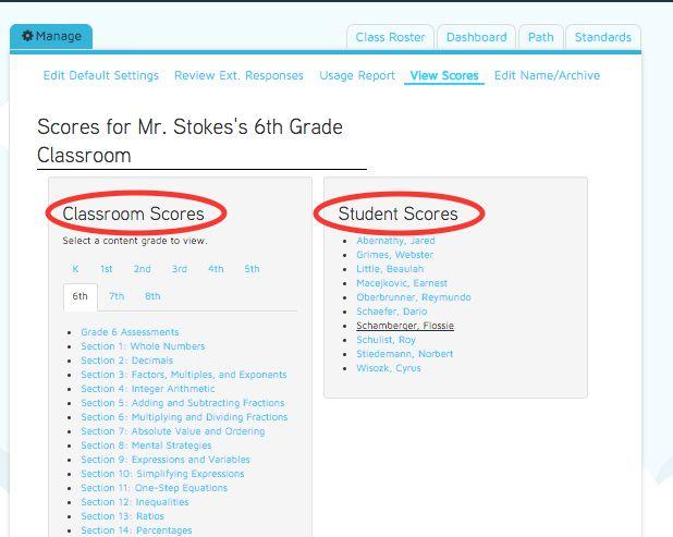 View Scores Here, reports are viewable by section, pre and post assessment,