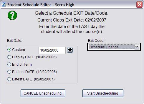 Note: Because you entered an exit date that matches the entry date, a new window will appear inquiring if the student attended class for one day or if the student never attended and needs to have the