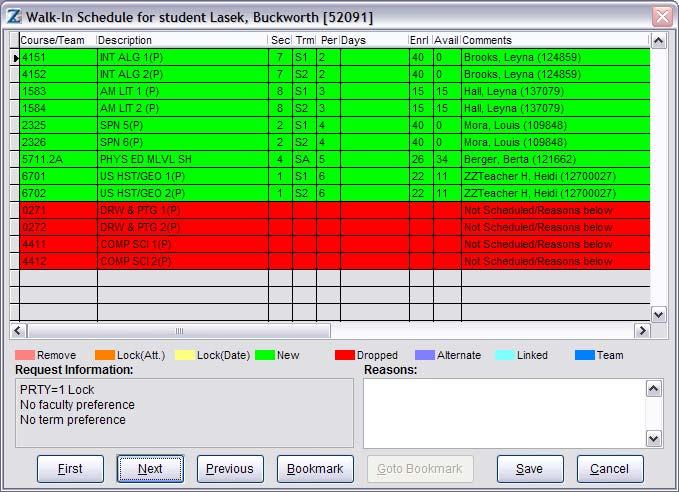 9 Review the first possible schedule. This screen displays the course code/description, section, term, period, days (if applicable), number of students enrolled, and teacher name.