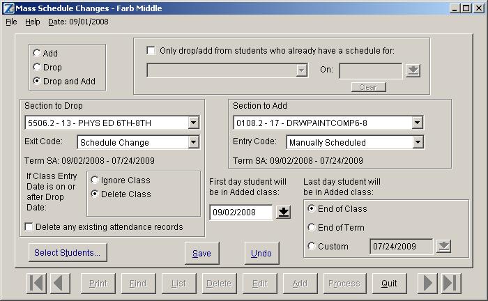 Part II: Mass move the students from the old course/section to the new one Close the master schedule. Open Zangle. Click Scheduling. Click Mass Schedules. 1 Click Add. The window will change.
