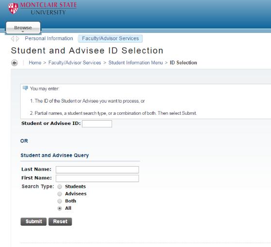 Or ~ 1) Enter students Last Name and/or First Name 2) Select a Search Type 3) Click Submit 4) Select the student from the drop down list 5) Click Submit Once you have searched for the student, you