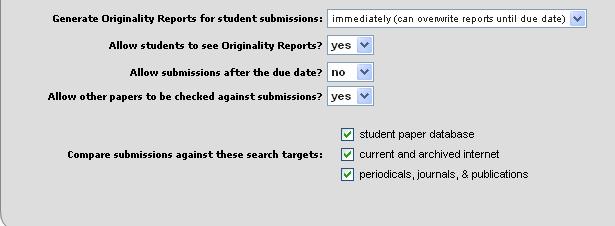The advanced assignment options allows you to make the following choices: Options for originality report - immediately (first report is final) - immediately (can overwrite previous reports until due