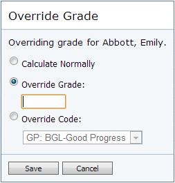Then select Override Grade and enter either the appropriate numeric grade, or a new letter grade.