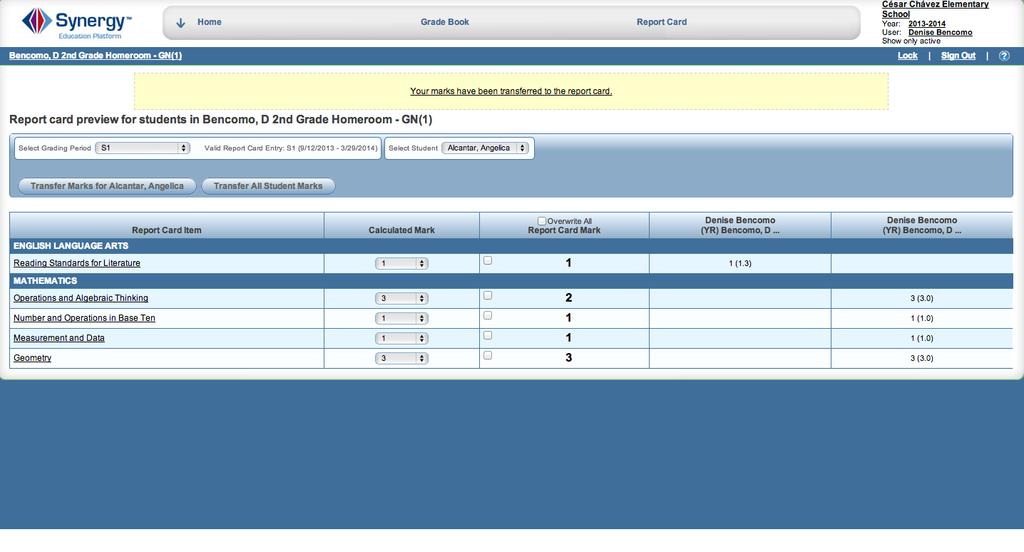 Click on the Transfer Marks for <individual student> Grades will appear in the Report Card Mark column.