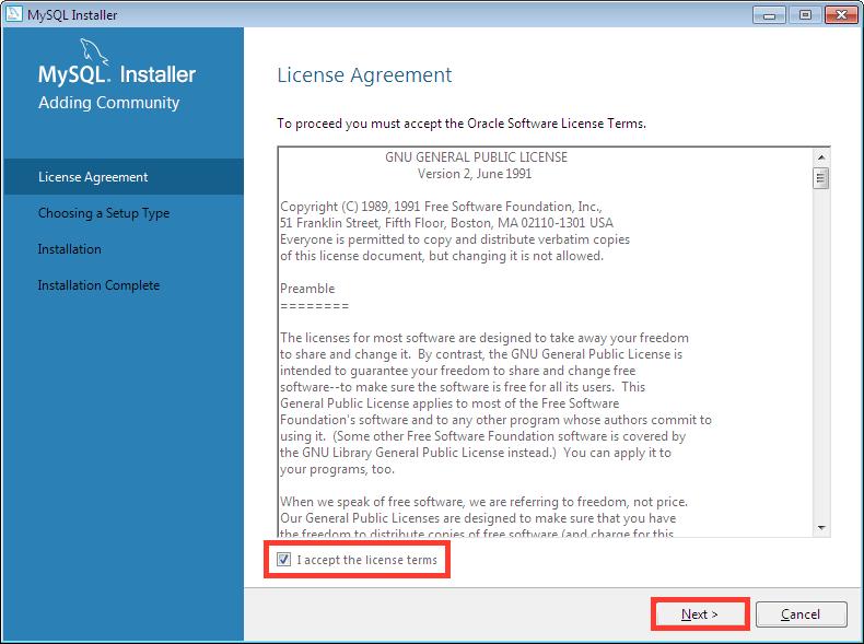 * Microsoft Windows 1. Open the MySQL installer (mysql-installer-community-5.7.9.1.msi). 2. Accept the license term then click Next (see Figure 3.