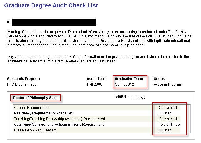 Graduate Degree Audit Checklists and Milestones The graduate degree check list in Sage monitors the progress a graduate student is making toward completion of his/her program requirements, such as