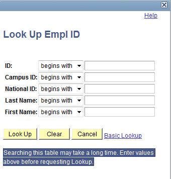 number (Empl ID), click the magnifying glass to perform a search.