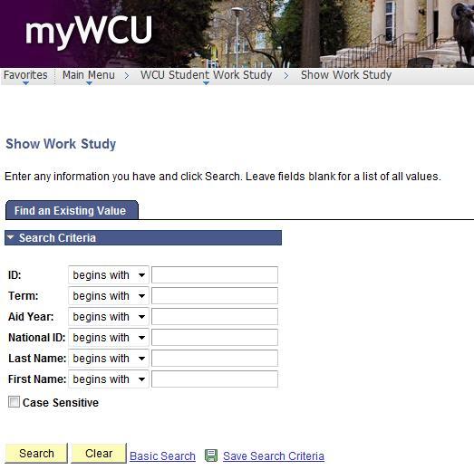 SHOW WORK STUDY ID = WCU ID w/ a leading zero (7 digits) Term is a 4 digit number: The first digit represents the millennium year 2000 (=2) The second and third digits represents the calendar year