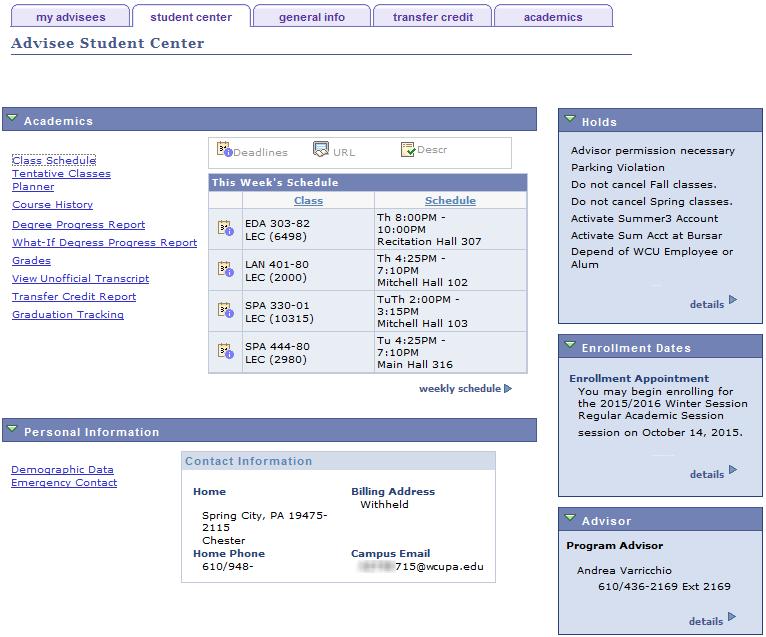 STUDENT CENTER PAGE Get additional information on the student