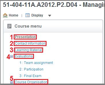 The Course Menu The screen of the tool Open Syllabus is divided in two zones (panes). The right pane is named the Course menu which includes the course sections: 1.