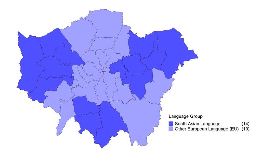 In 14 boroughs the totals category is the highest non-english language group. Across all local authorities in London, languages account for 29.4 per cent of the total of Non- English speakers.