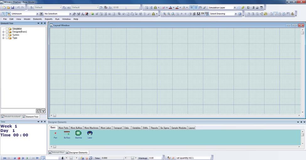The vanilla layout of WITNESS, when first opened, shows the following toolbar, modeling window and dockable supporting window structure shown in Figure 2.