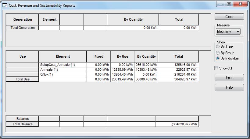 report can be generated at any point in a model run and more functions give access to all the results for easy export. An example balance report is shown in Figure 17.