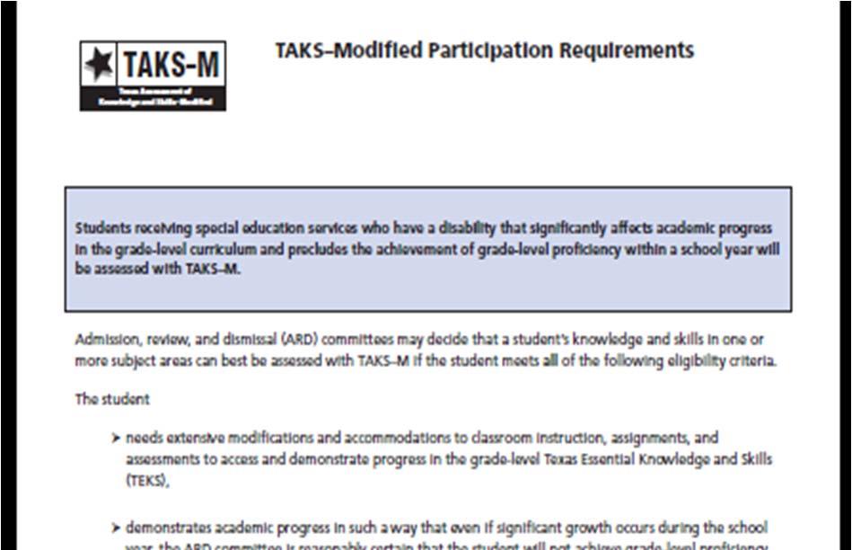 References to TAKS Alt criteria replaced with actual text Posted on TAKS