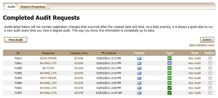 Manage Student Link: Audits Tab Displays all audits that have been run Format identifies the type of audit o HTML interactive audit with graphs o PDF