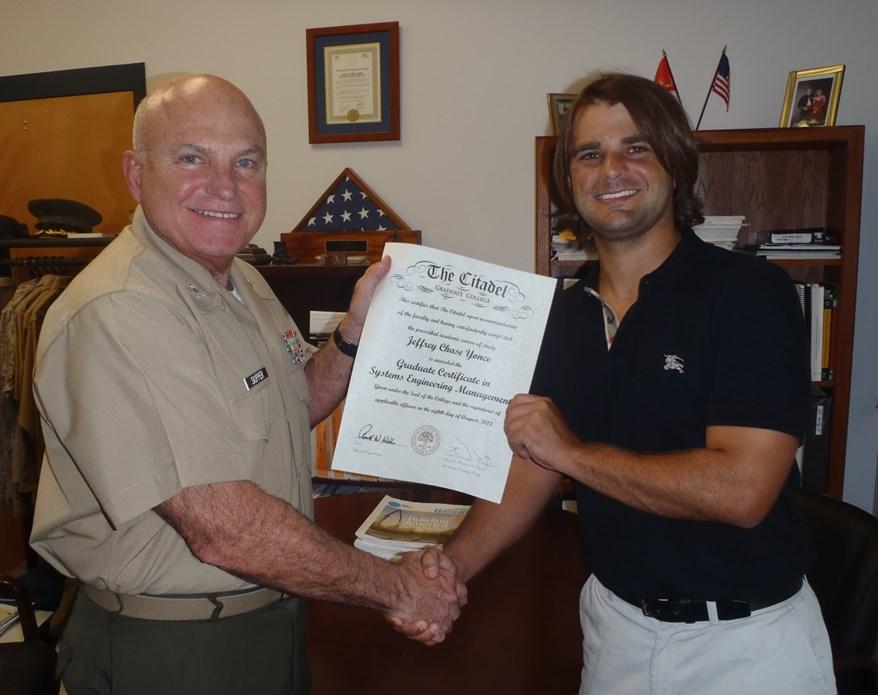 Chase came by The Citadel on 13 September, 2013 to receive his Systems Engineering Management Certificate, which he completed in August, 2013.