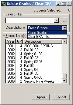 Select Utilities Transcripts Erase Grades/ GPA Info for a filter of students for a given term(s) if desired. CAUTION!