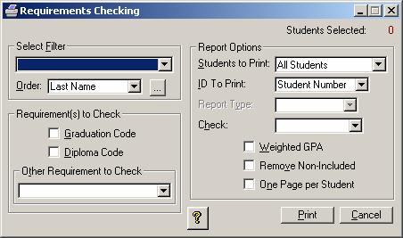 Requirement Checking: Use this report to check requirements (status) for a filter of students and to generate a Status report.