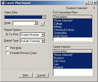 Career Plans: Builds a report for a filter of students showing their