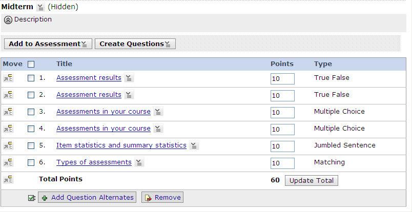 The assessment screen appears with the added questions. Insert the correct points for each question and then click Update Total. By default, 10 points are given for each question.
