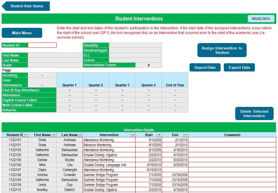 Intervention to Student button on the Main Menu or via the Student Risk Status page using either of two methods: On the Student Risk Status