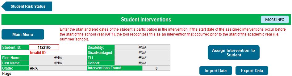On the Student Risk Status page, click the Interventions button at the top to open the Student Interventions page. The record of the last student who was assigned to an intervention will be displayed.