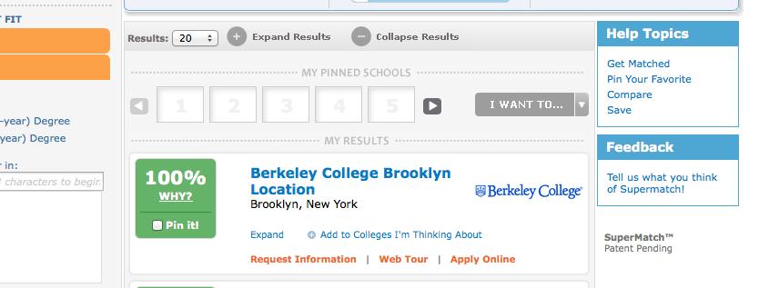 College Search on Naviance After you select Your Best Fit features, you will be shown a list of schools meeting
