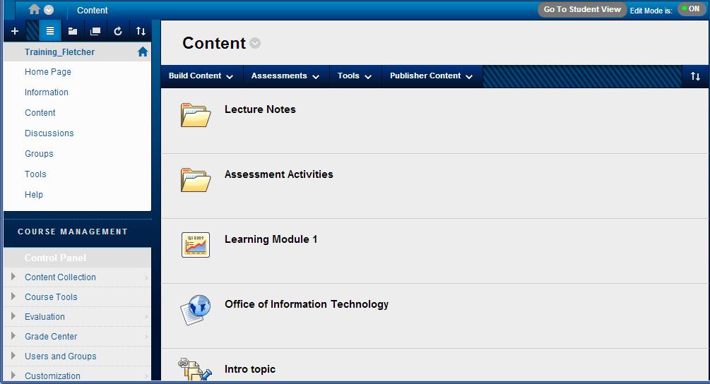 Sample Course Content Page as instructor with Edit Mode On On this sample page, I created a folder for lecture notes, a folder of assessment activities, a link to a learning module, a web link, and a