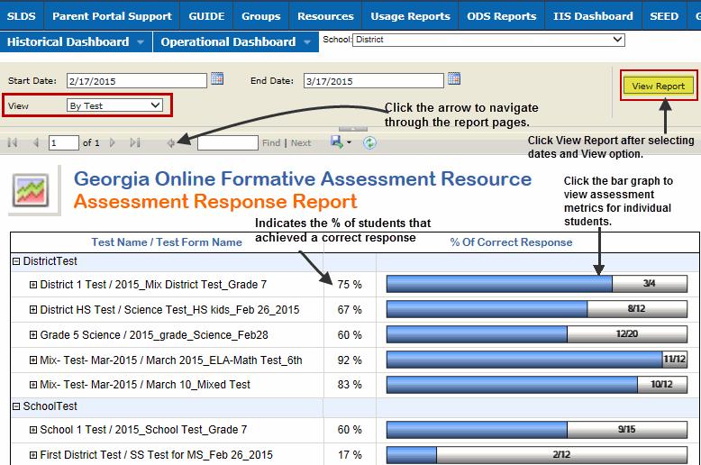 GOFAR User Guide 47 6. In the report view in the Test Name / Test Form Name column click the plus (+) sign to expand and view the school assessment response data in the report list. 7.