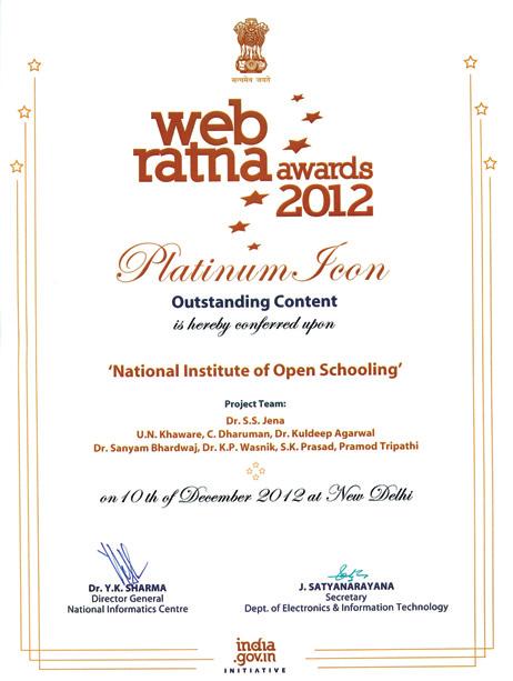 Recognition to NIOS Services Web Ratna Awards 2012 Platinum Icon under Outstanding Web Content for Acknowledging exemplary initiatives/practices in the realm of e-governance for dissemination of