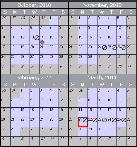 3. To save the calendar, click OK. HeadMaster provides two printing options for a calendar. Calendar View displays block calendars with various activity symbols.