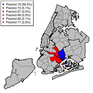 Figure 51: Mobile Misdemeanor Arrests (Going to) in the 75 th Precinct 2006 2010 2014 Figure 51 maps the five home precincts in New York City (red) where individuals were most likely to have lived