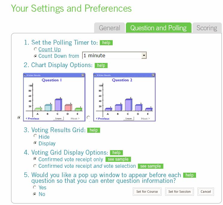 Questions and Polling Settings and Preferences 1. Polling Timer Defaults: When you pose a question in i-clicker (i.e. when you click Start), the software automatically starts a timer (which remains active while you are polling).
